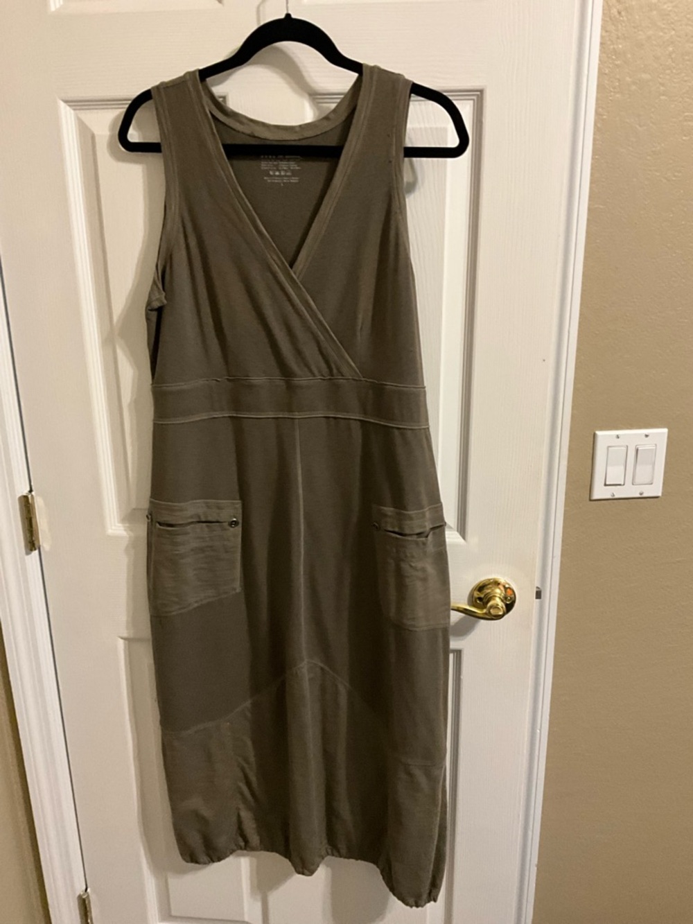 neon buddha Olive Faux Wrap-Front Midi Dress with Front Pockets